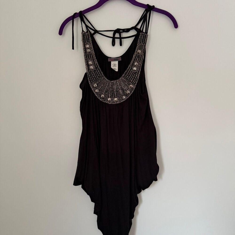 VTG Joyce Leslie Black Beaded Halter Top Boho Embellished Sharkbite Hem Rayon S
